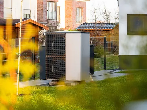 Aufgestellte Wärmepumpe im Hintergarten in Brandenburg